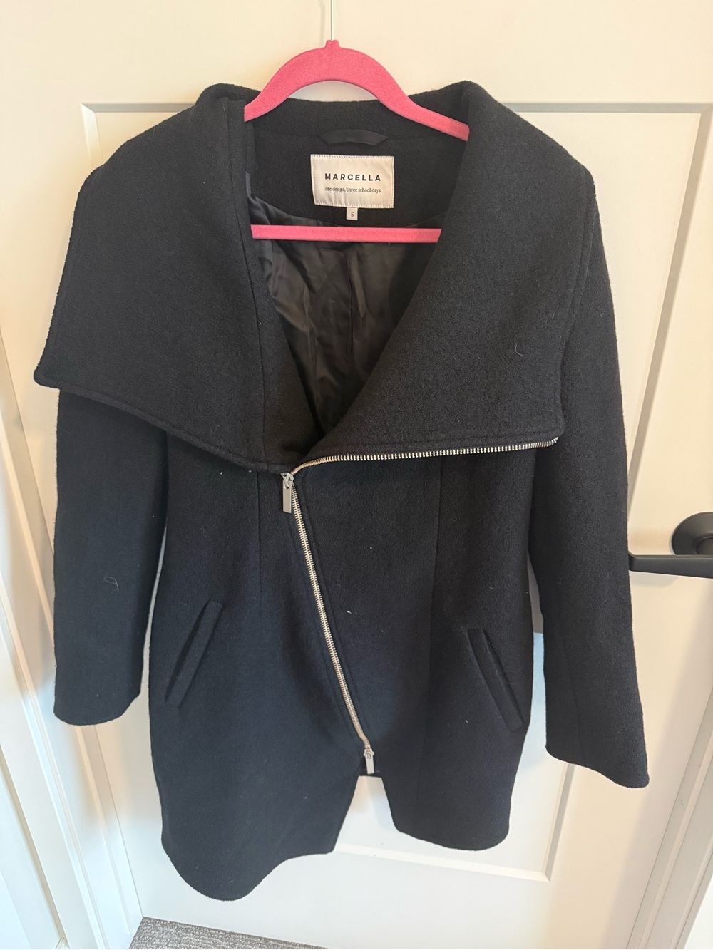 Marcella Black Virgin Wool Asymmetrical Zip Coat Jacket Women’s Size Small